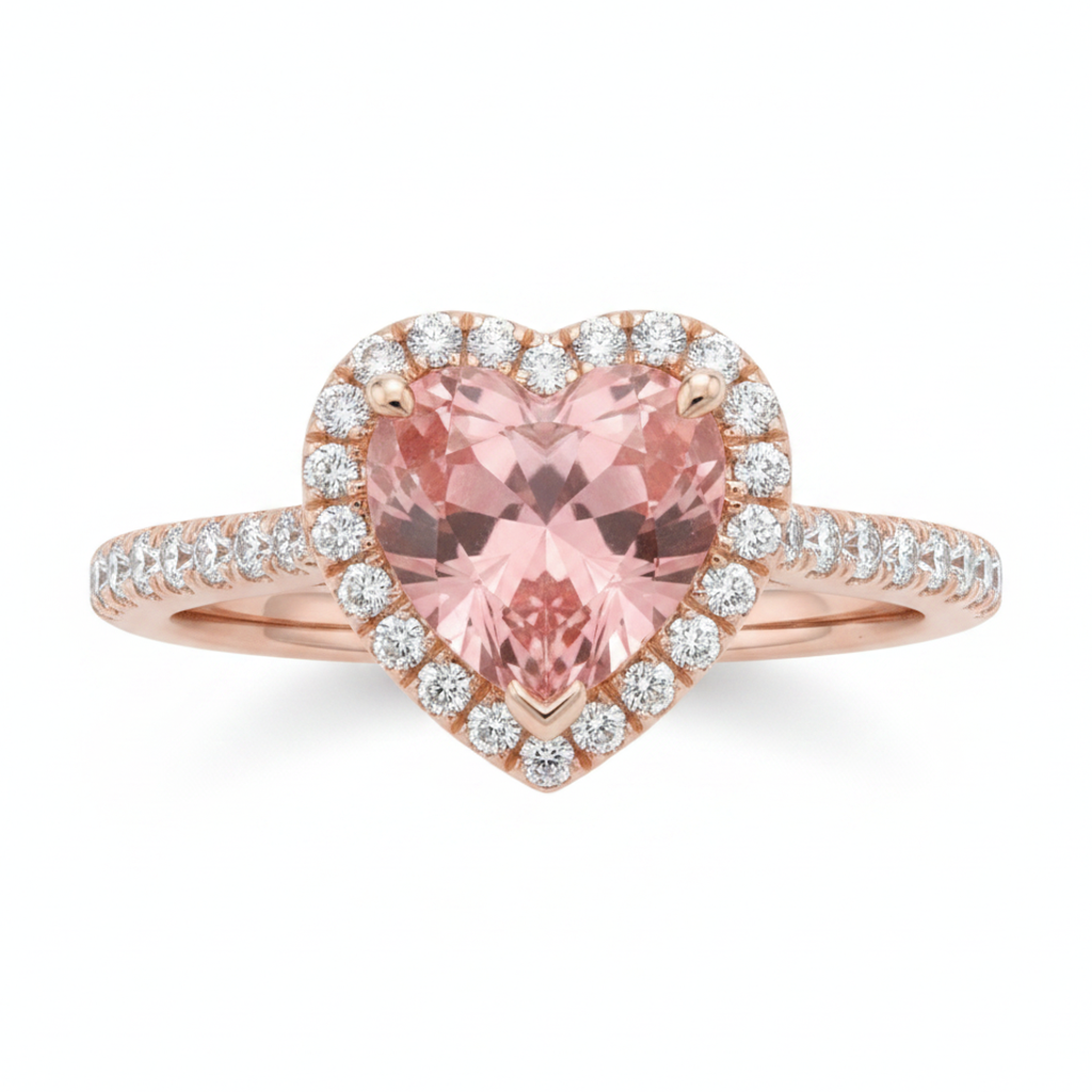 Padparadscha-Saphir-Ring 3,8 Karat, im Labor gezüchtet, Herz-Halo, geteilte Ringschiene, 14 Karat Roségold
