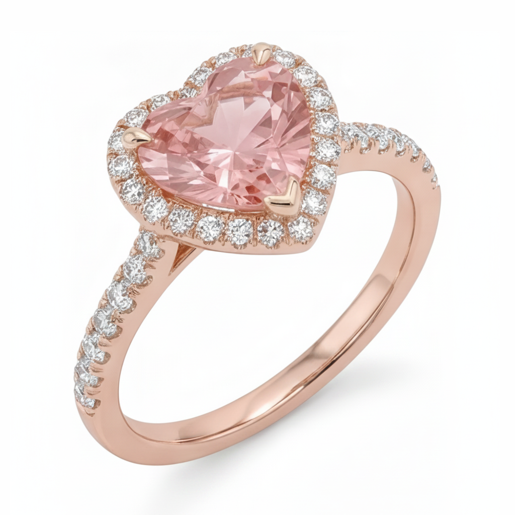 Padparadscha-Saphir-Ring 3,8 Karat, im Labor gezüchtet, Herz-Halo, geteilte Ringschiene, 14 Karat Roségold