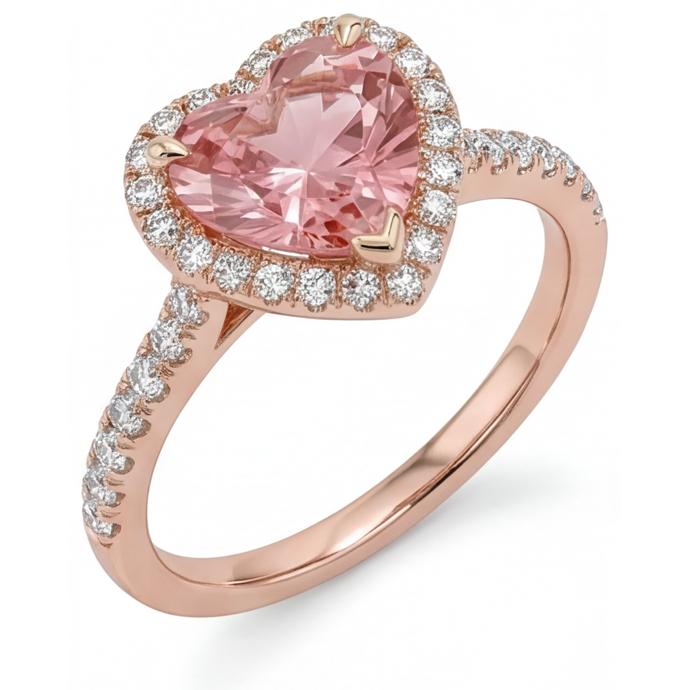 Padparadscha-Saphir-Ring 3,8 Karat, im Labor gezüchtet, Herz-Halo, geteilte Ringschiene, 14 Karat Roségold