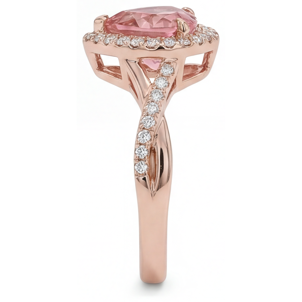 Padparadscha-Saphir-Ring 3,8 Karat, im Labor gezüchtet, Herz-Halo, geschwungen, 14 Karat Roségold