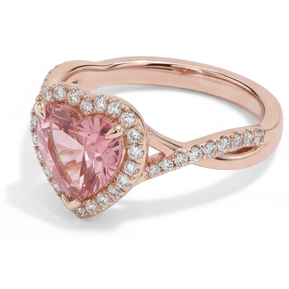 Padparadscha-Saphir-Ring 3,8 Karat, im Labor gezüchtet, Herz-Halo, geschwungen, 14 Karat Roségold