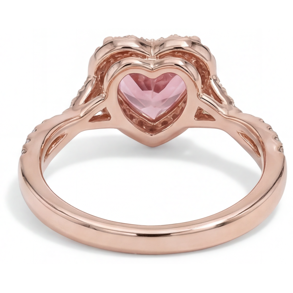 Padparadscha-Saphir-Ring 3,8 Karat, im Labor gezüchtet, Herz-Halo, geschwungen, 14 Karat Roségold