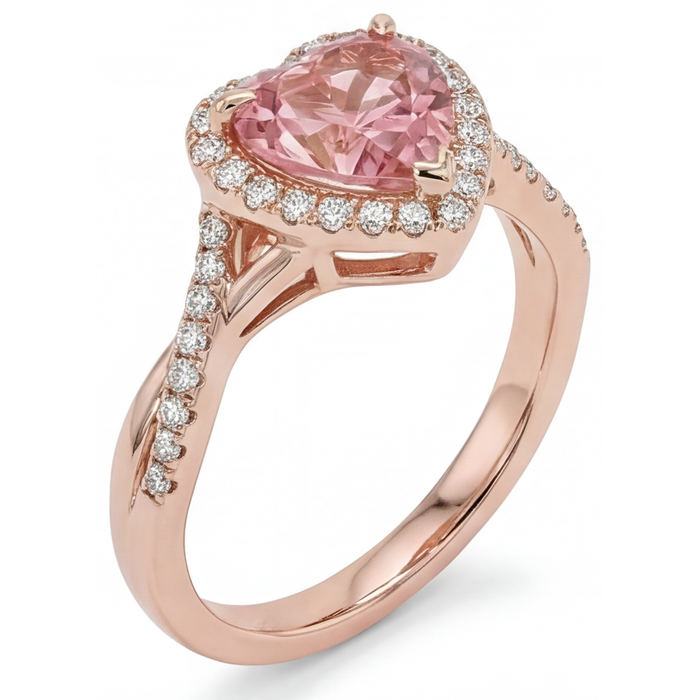Padparadscha-Saphir-Ring 3,8 Karat, im Labor gezüchtet, Herz-Halo, geschwungen, 14 Karat Roségold