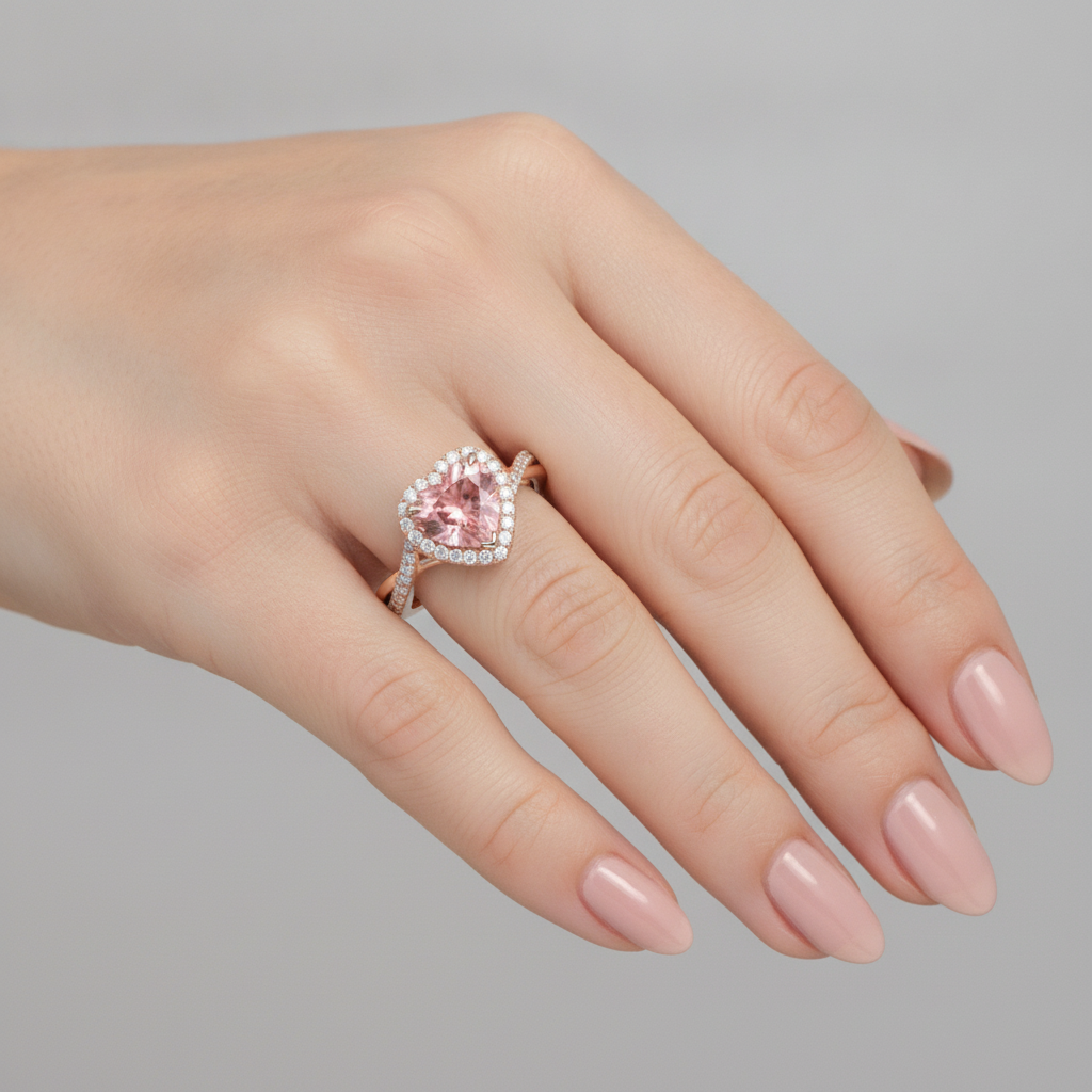 Padparadscha-Saphir-Ring 3,8 Karat, im Labor gezüchtet, Herz-Halo, geschwungen, 14 Karat Roségold
