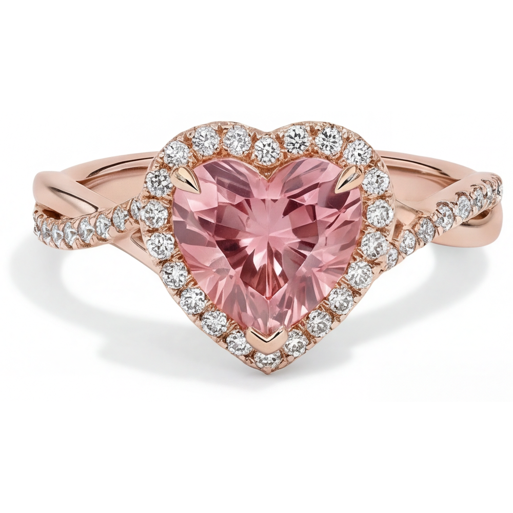 Padparadscha-Saphir-Ring 3,8 Karat, im Labor gezüchtet, Herz-Halo, geschwungen, 14 Karat Roségold