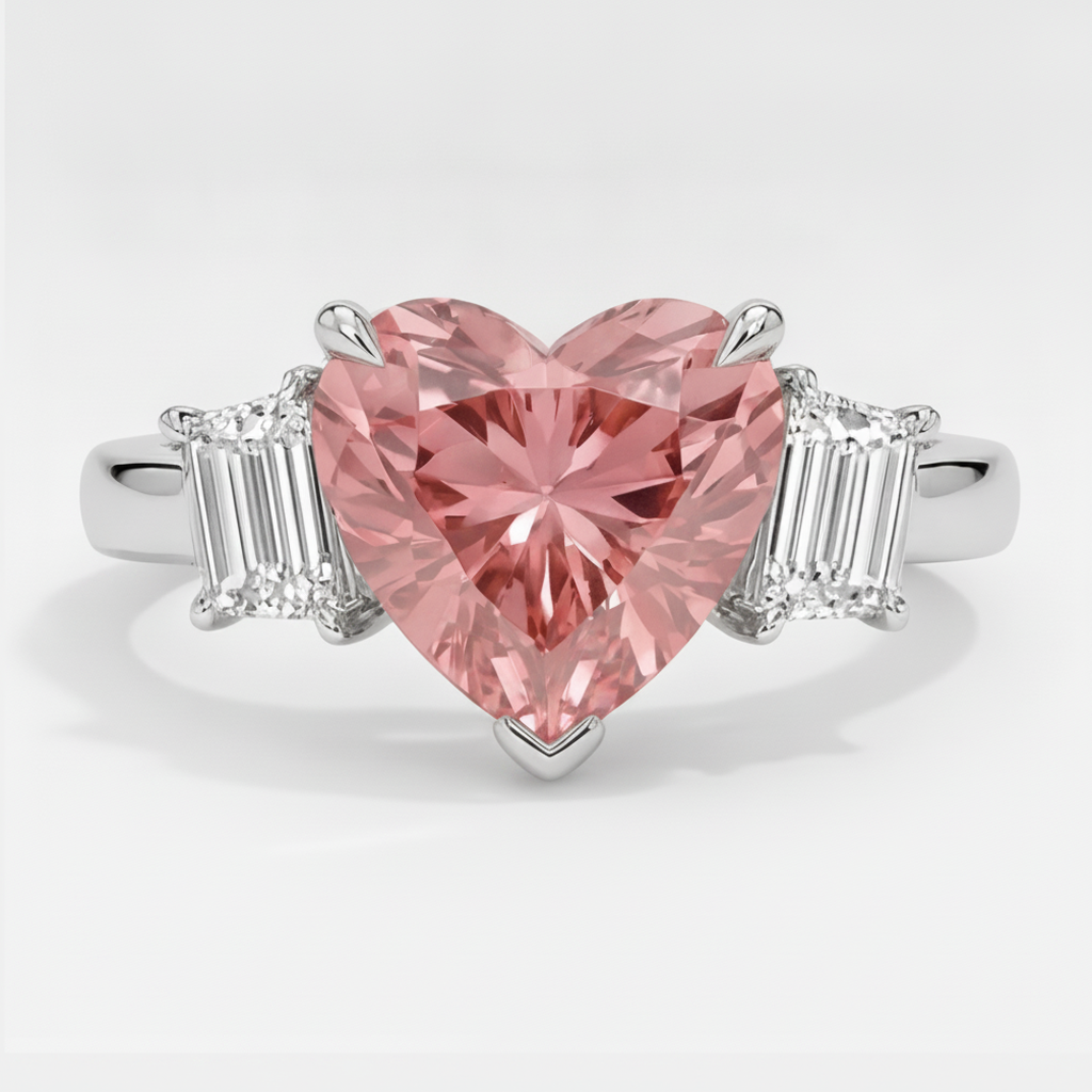 Padparadscha-Saphir-Dreisteinring 3,6 Karat natürlicher Herzschliff und weisse Baguettes Platin