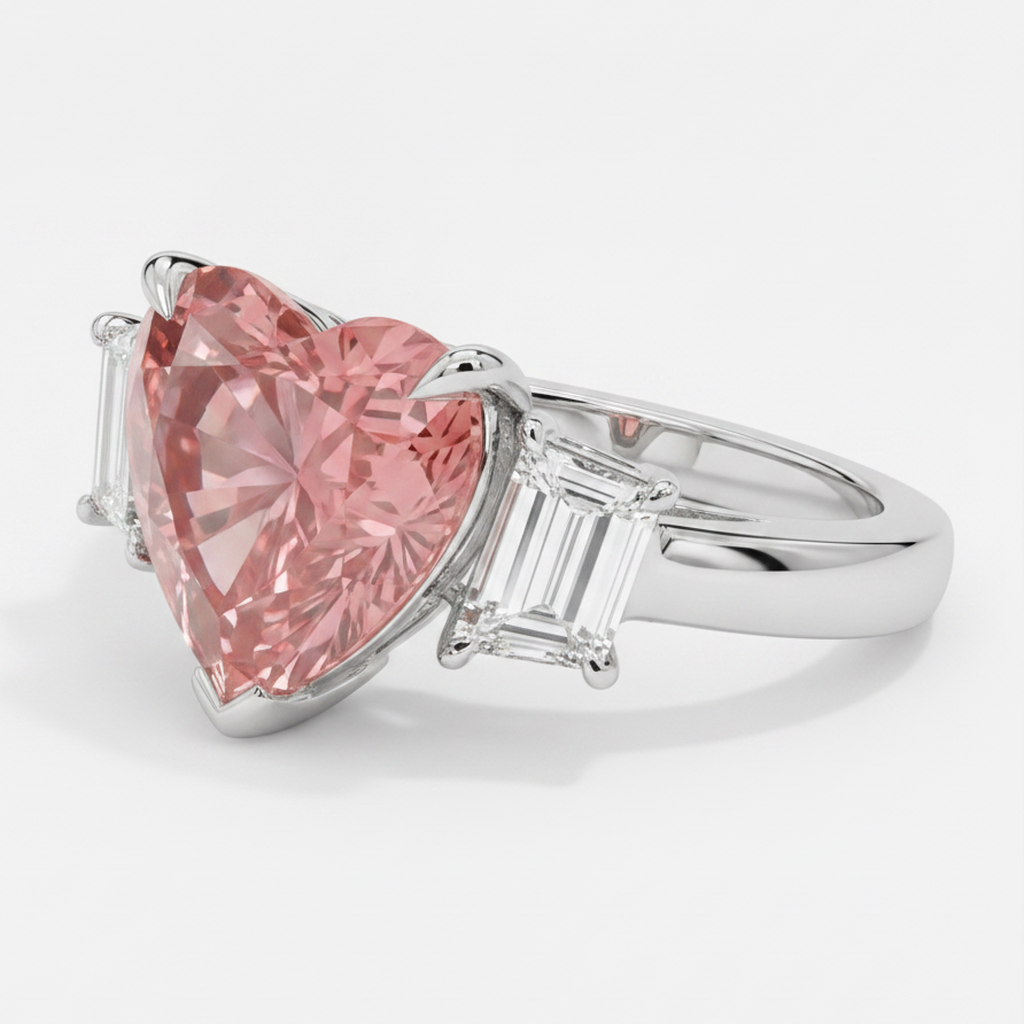 Padparadscha-Saphir-Dreisteinring 3,6 Karat natürlicher Herzschliff und weisse Baguettes Platin
