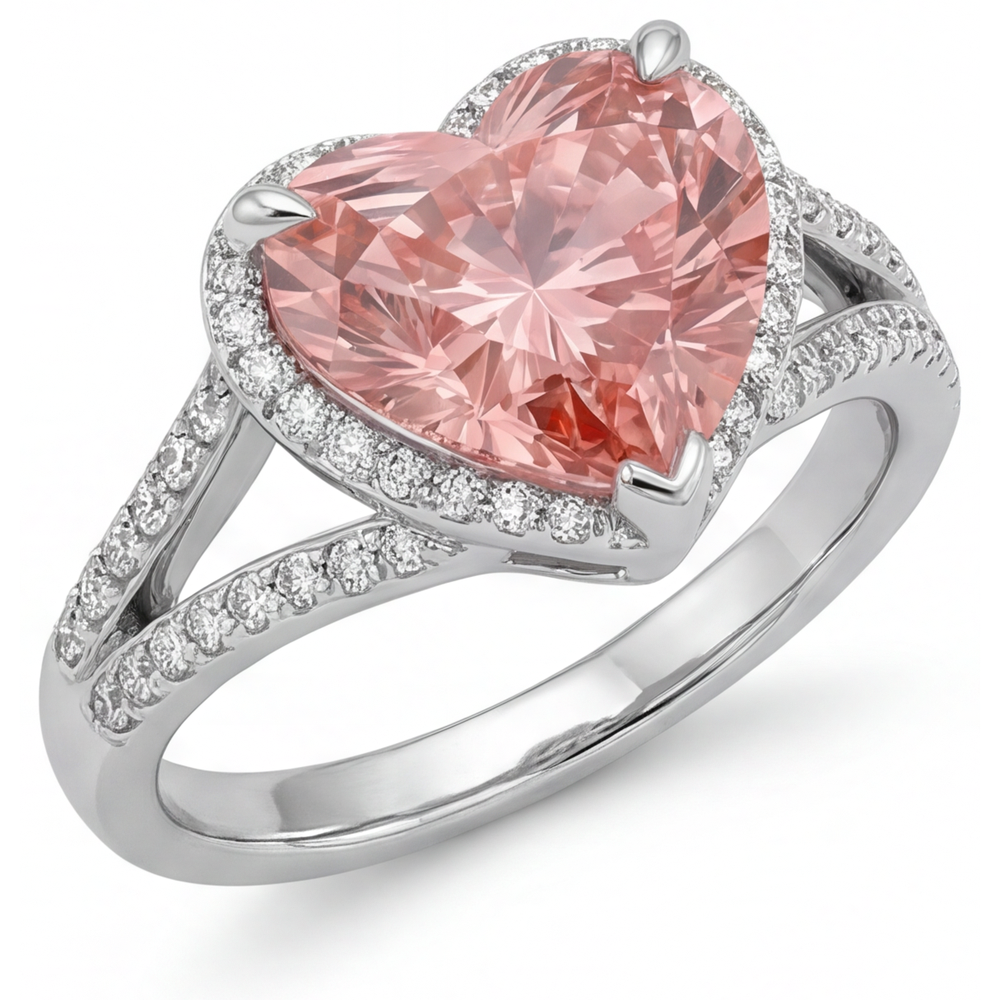Halo-Ring aus 14 Karat Weißgold mit echtem pfirsichfarbenem Padparadscha-Saphir im Herzschliff, 2,8 Karat