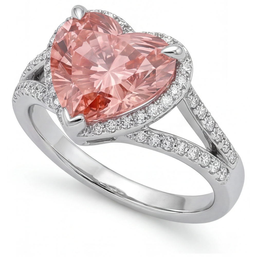 Halo-Ring aus 14 Karat Weißgold mit echtem pfirsichfarbenem Padparadscha-Saphir im Herzschliff, 2,8 Karat