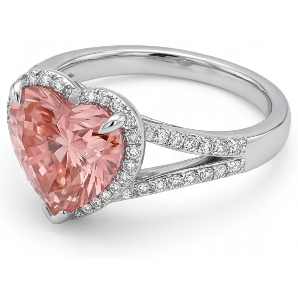 Halo-Ring aus 14 Karat Weißgold mit echtem pfirsichfarbenem Padparadscha-Saphir im Herzschliff, 2,8 Karat