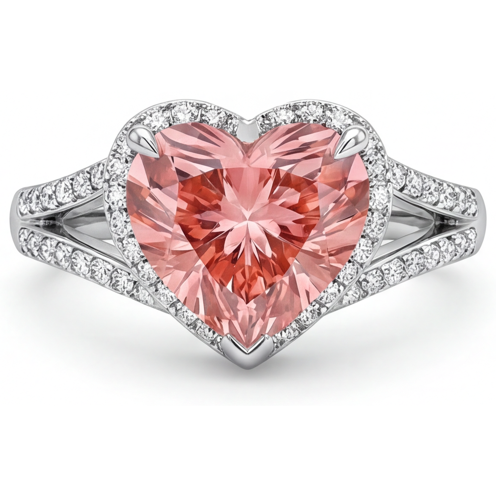 Halo-Ring aus 14 Karat Weißgold mit echtem pfirsichfarbenem Padparadscha-Saphir im Herzschliff, 2,8 Karat