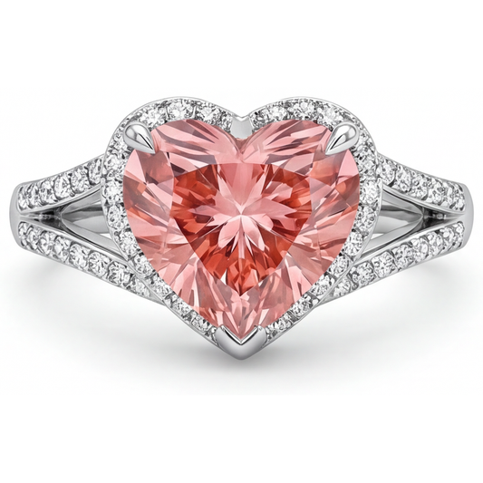 Halo-Ring aus 14 Karat Weißgold mit echtem pfirsichfarbenem Padparadscha-Saphir im Herzschliff, 2,8 Karat