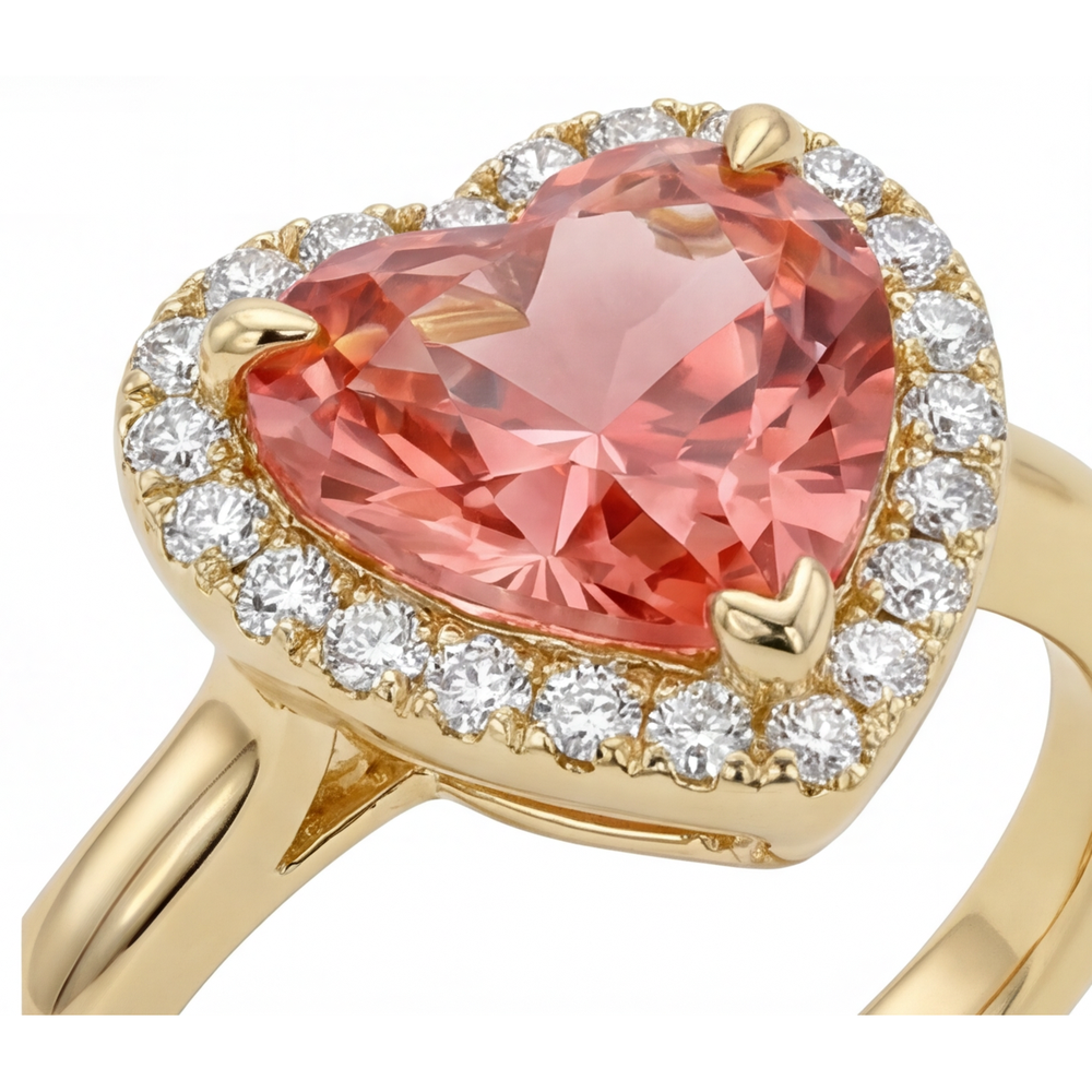 Padparadscha-Saphir Verlobungsring 2,8 Karat Echter Herz-Halo 14 Karat Gelbgold