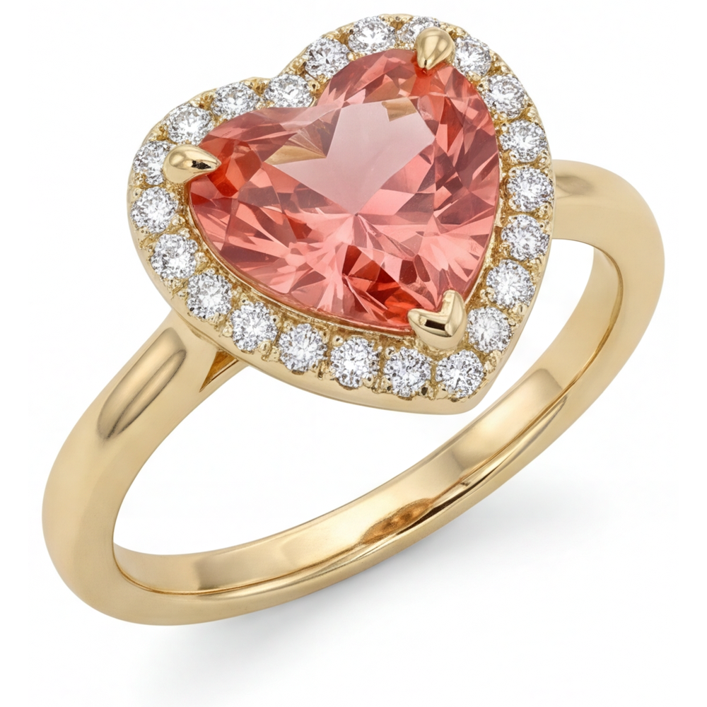 Padparadscha-Saphir Verlobungsring 2,8 Karat Echter Herz-Halo 14 Karat Gelbgold
