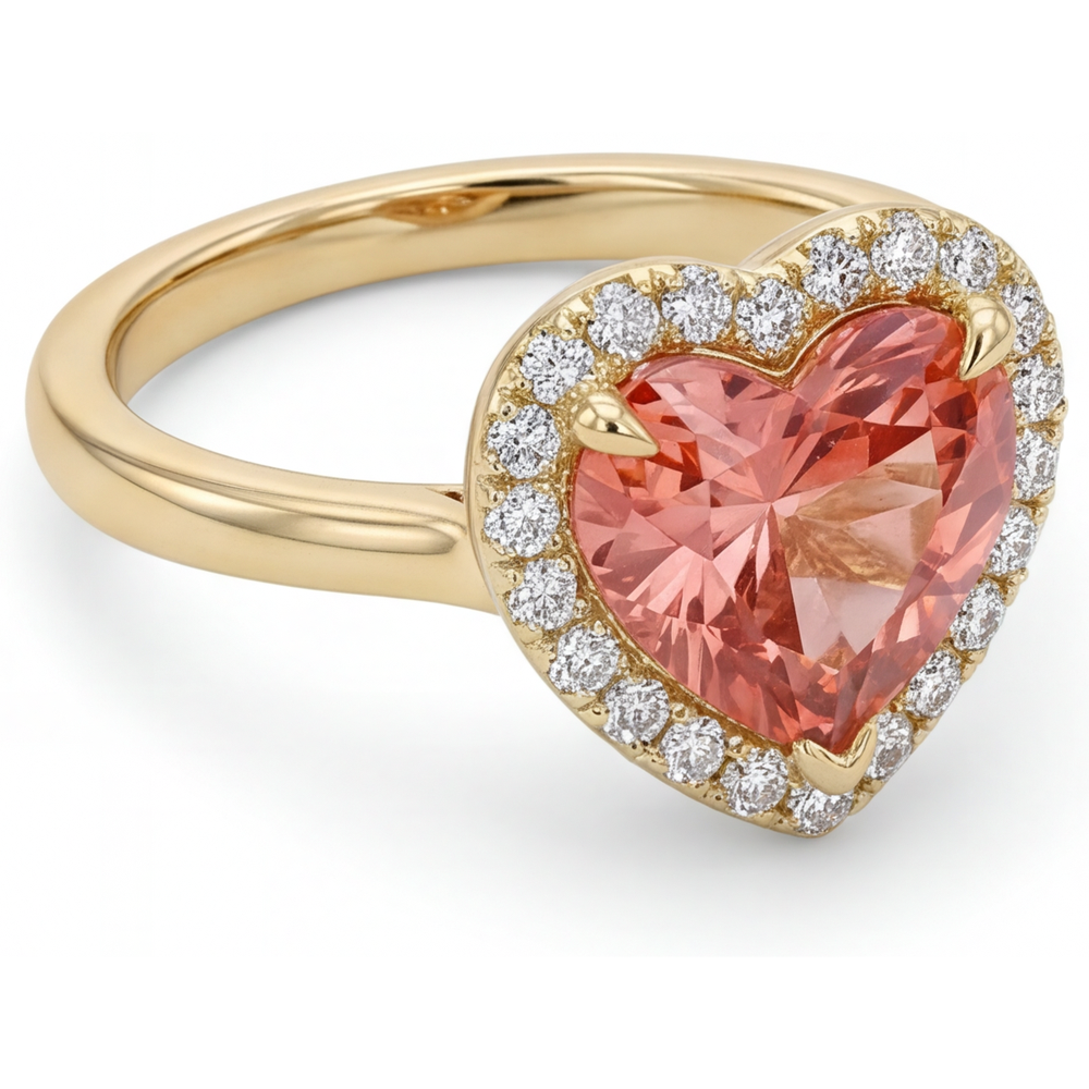 Padparadscha-Saphir Verlobungsring 2,8 Karat Echter Herz-Halo 14 Karat Gelbgold