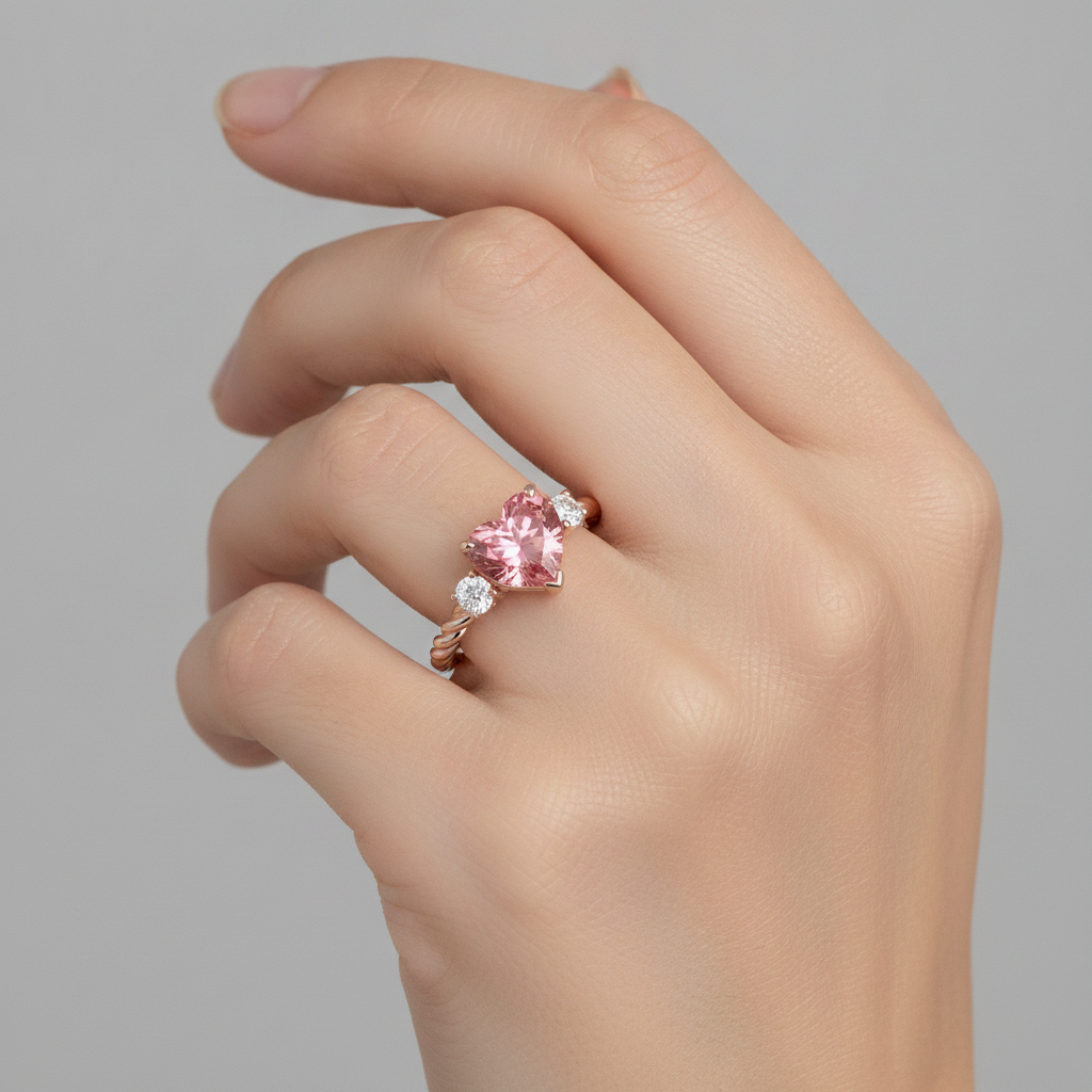 Padparadscha-Saphir-Ring 1,9 Karat Echter Herzschliff Dreistein 14 Karat Roségold