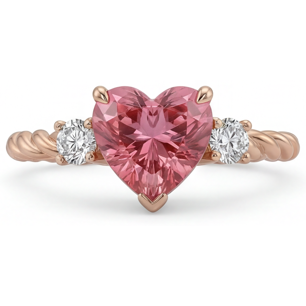 Padparadscha-Saphir-Ring 1,9 Karat Echter Herzschliff Dreistein 14 Karat Roségold