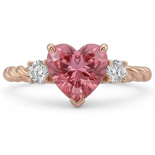Padparadscha-Saphir-Ring 1,9 Karat Echter Herzschliff Dreistein 14 Karat Roségold