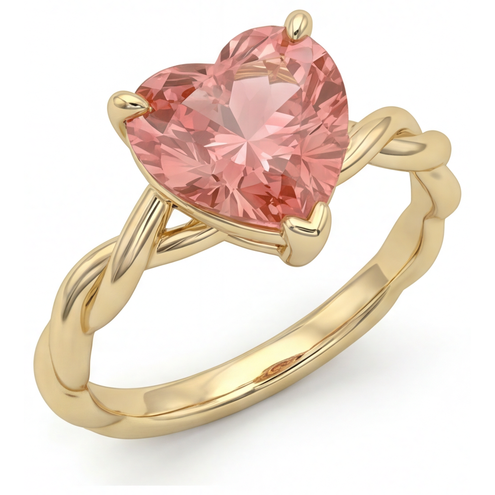 Geschwungener Solitärring aus 14 Karat Gelbgold mit echtem pfirsichfarbenem Padparadscha-Saphir in Herzform, 1,5 Karat