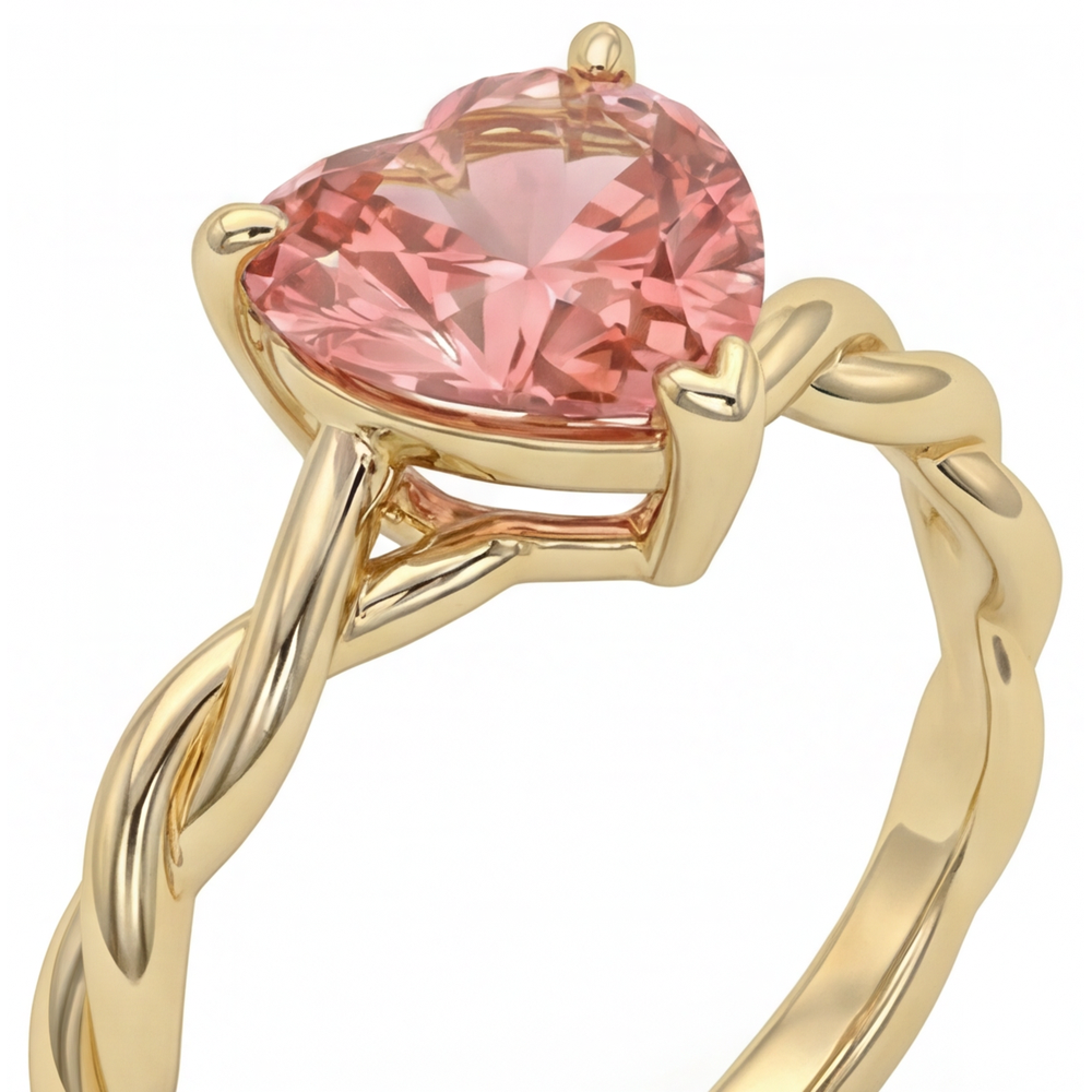 Geschwungener Solitärring aus 14 Karat Gelbgold mit echtem pfirsichfarbenem Padparadscha-Saphir in Herzform, 1,5 Karat
