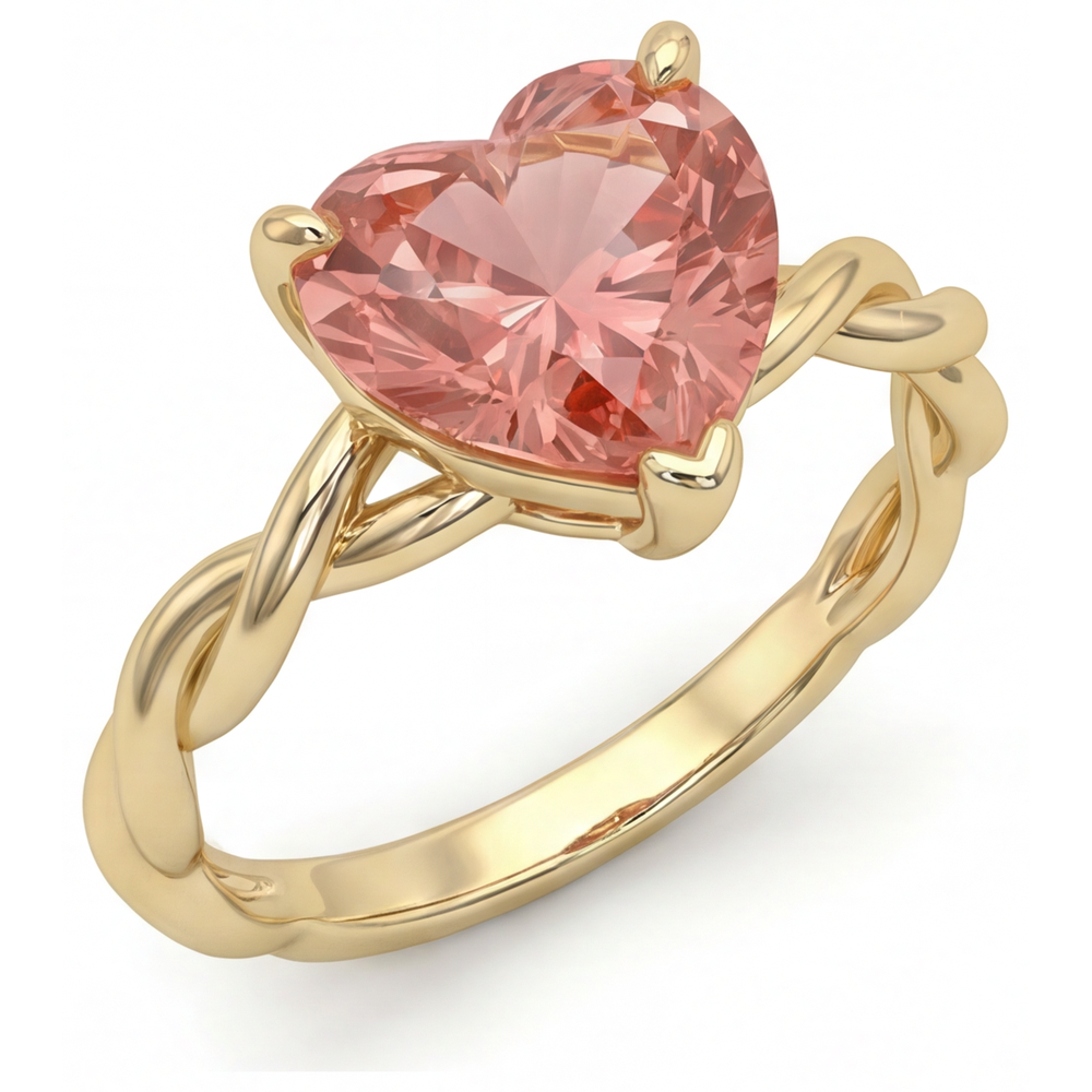 Verlobungsring mit Pfirsich-Saphir, 1,5 Karat, echter Padparadscha in Herzform, geschwungener Solitär, 14 Karat Gelbgold