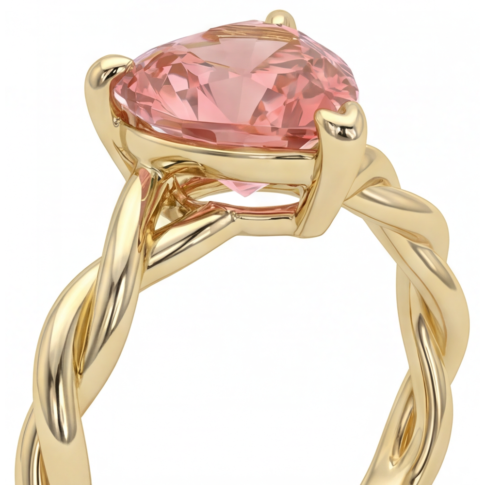 Verlobungsring mit Pfirsich-Saphir, 1,5 Karat, echter Padparadscha in Herzform, geschwungener Solitär, 14 Karat Gelbgold