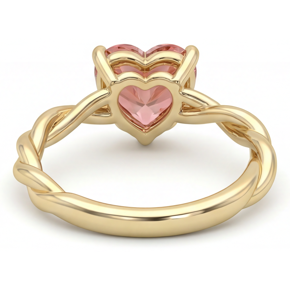 Verlobungsring mit Pfirsich-Saphir, 1,5 Karat, echter Padparadscha in Herzform, geschwungener Solitär, 14 Karat Gelbgold