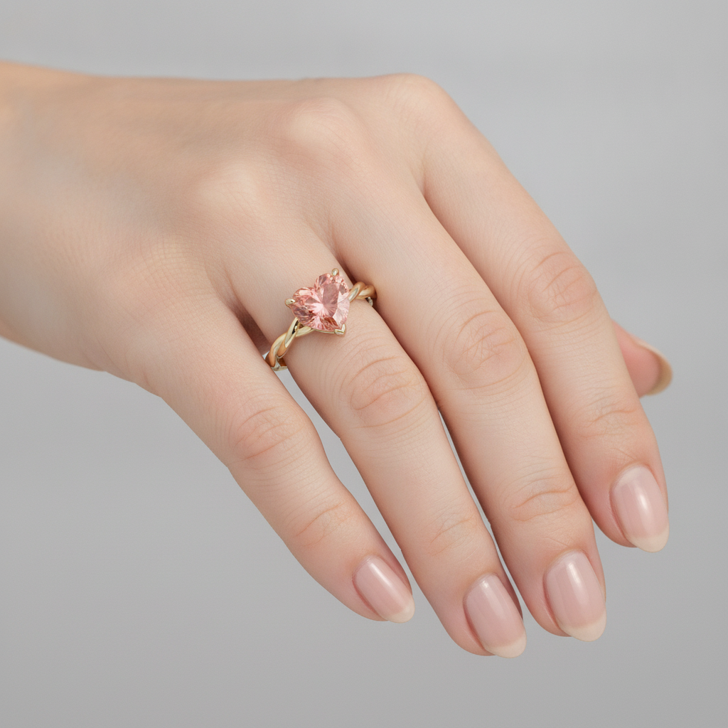Verlobungsring mit Pfirsich-Saphir, 1,5 Karat, echter Padparadscha in Herzform, geschwungener Solitär, 14 Karat Gelbgold