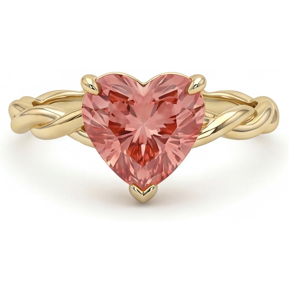 Verlobungsring mit Pfirsich-Saphir, 1,5 Karat, echter Padparadscha in Herzform, geschwungener Solitär, 14 Karat Gelbgold