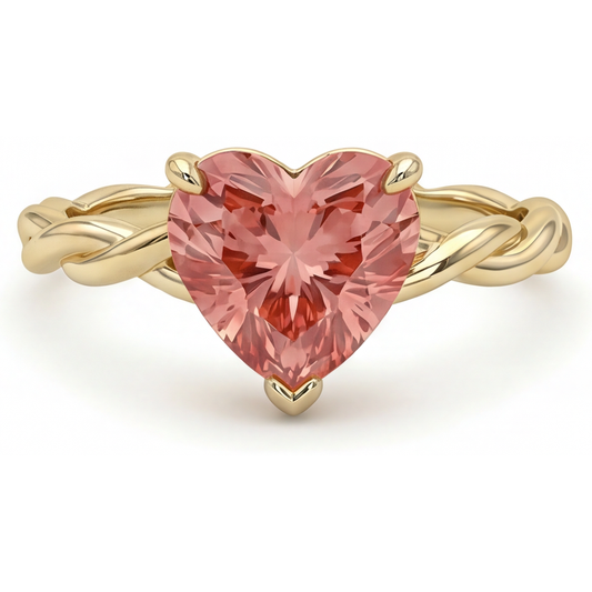 Verlobungsring mit Pfirsich-Saphir, 1,5 Karat, echter Padparadscha in Herzform, geschwungener Solitär, 14 Karat Gelbgold