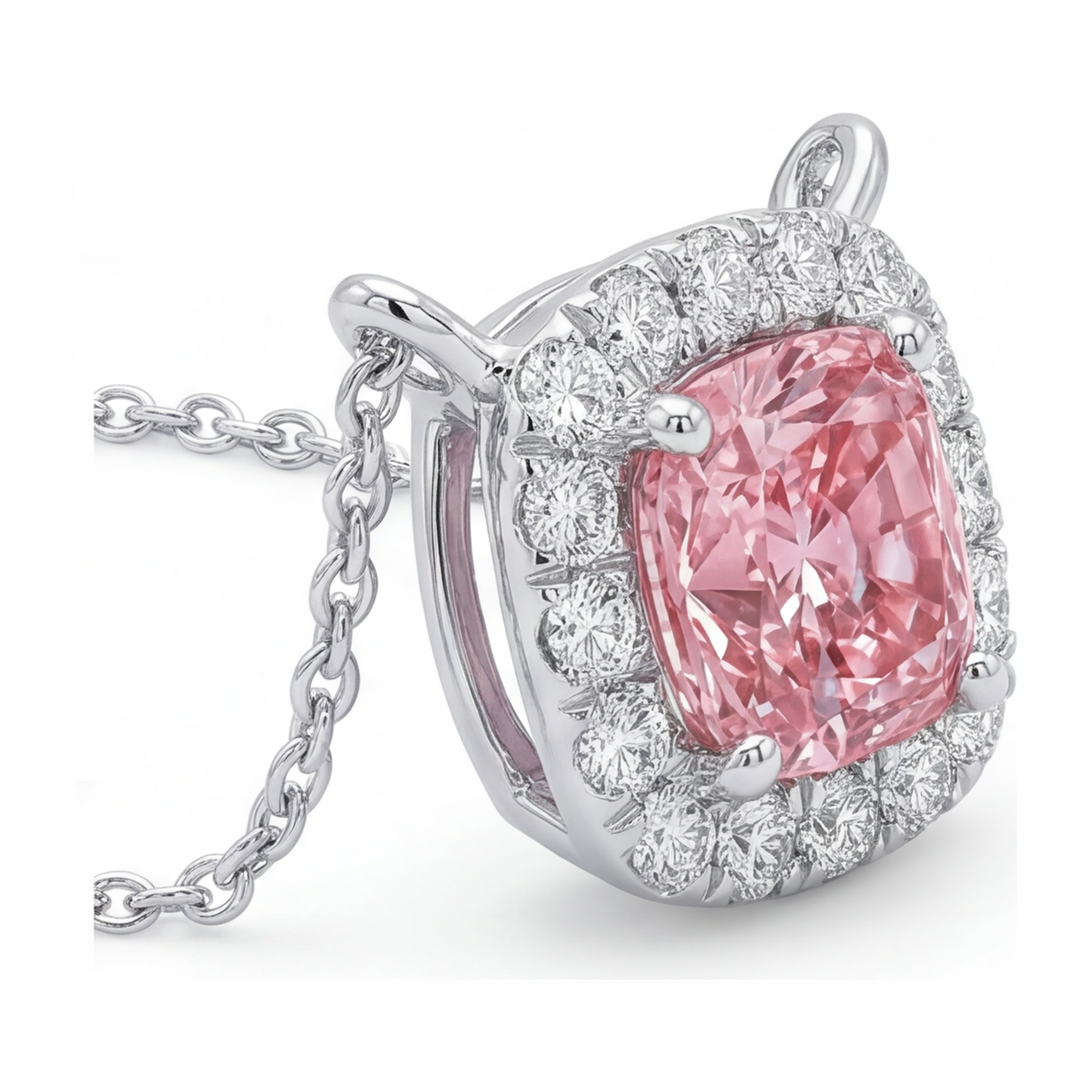 Halskette mit rosa Diamant 3,75 Karat im Labor gezüchtet Kissen-Halo-Anhänger 14 Karat Weißgold
