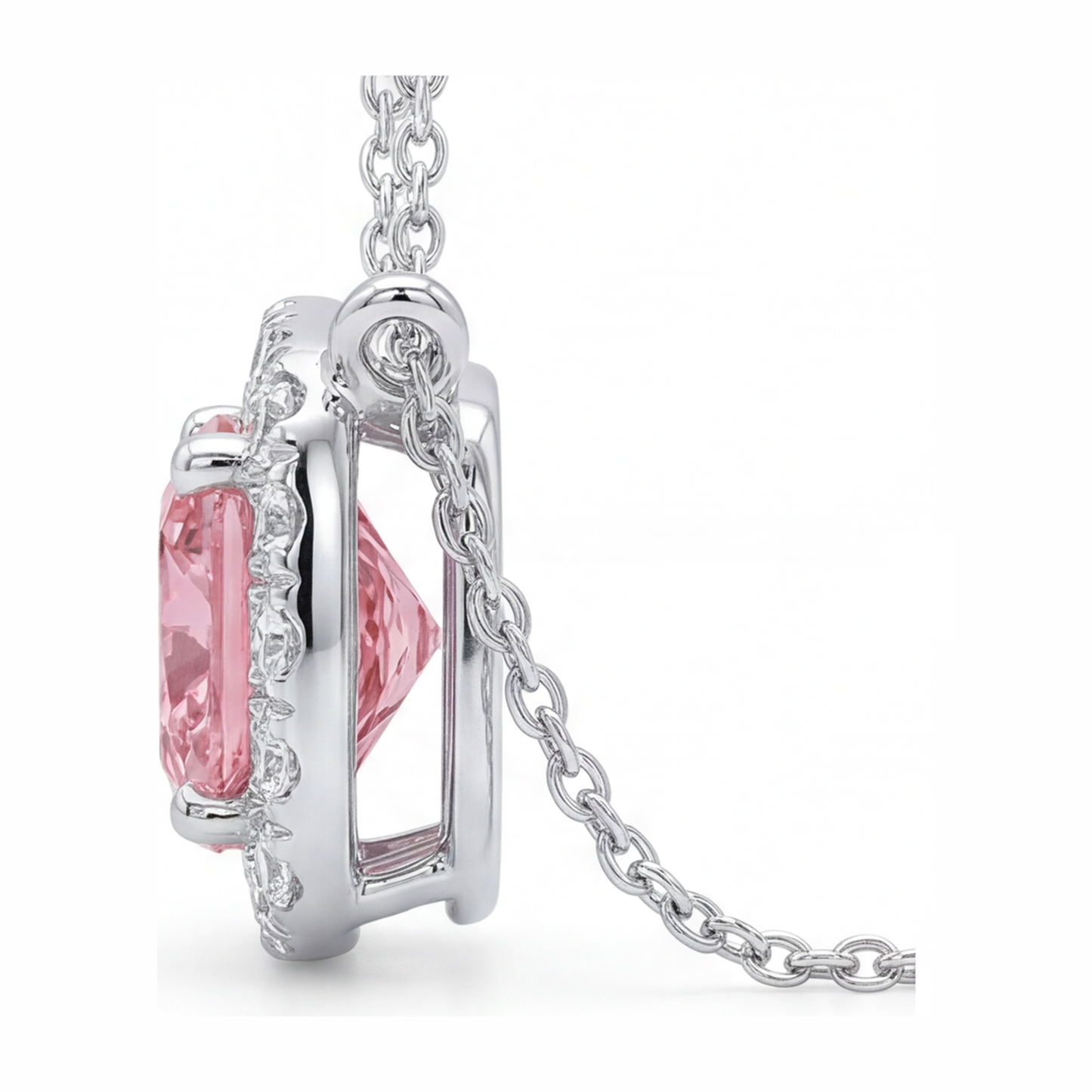 Halskette mit rosa Diamant 3,75 Karat im Labor gezüchtet Kissen-Halo-Anhänger 14 Karat Weißgold