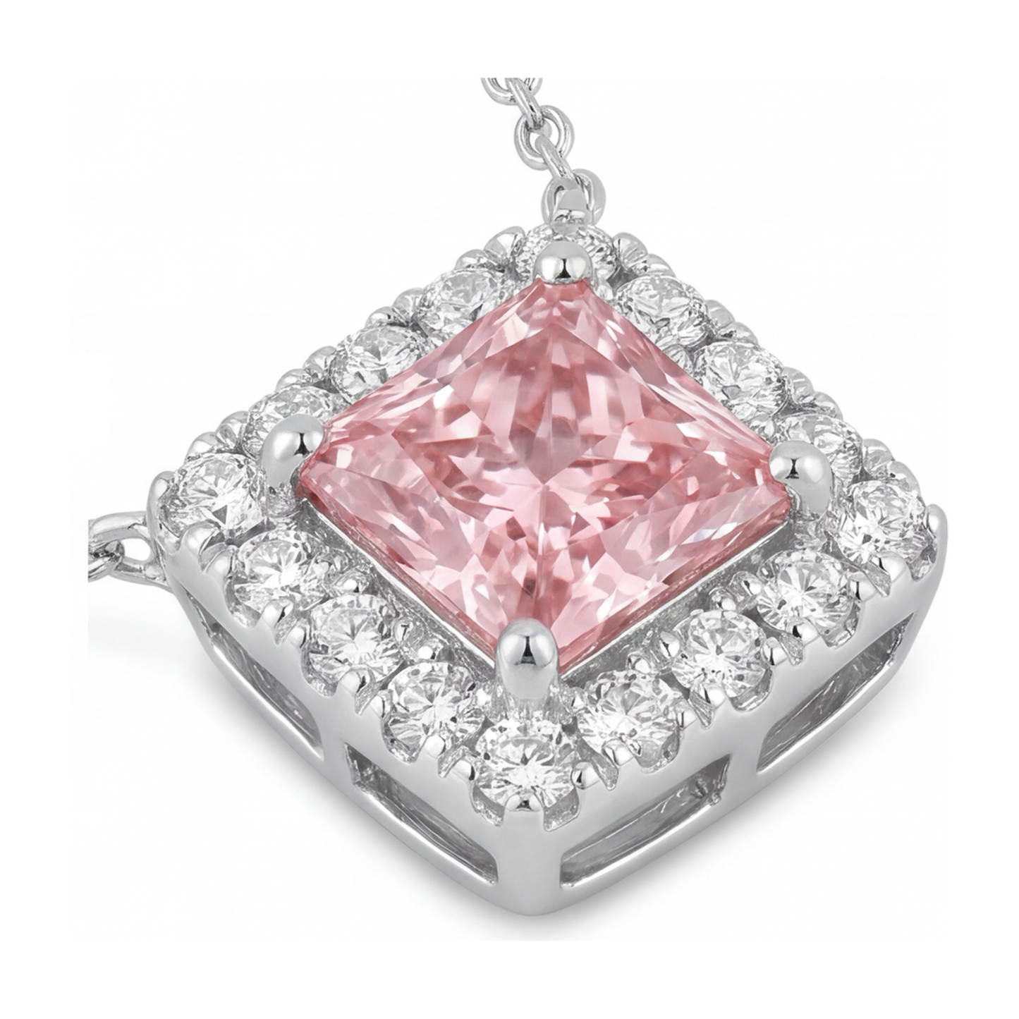 Halskette mit rosa Diamant, 4,5 Karat, im Labor gezüchtet, Radiant Halo Pavé Anhänger, 14 Karat Weißgold
