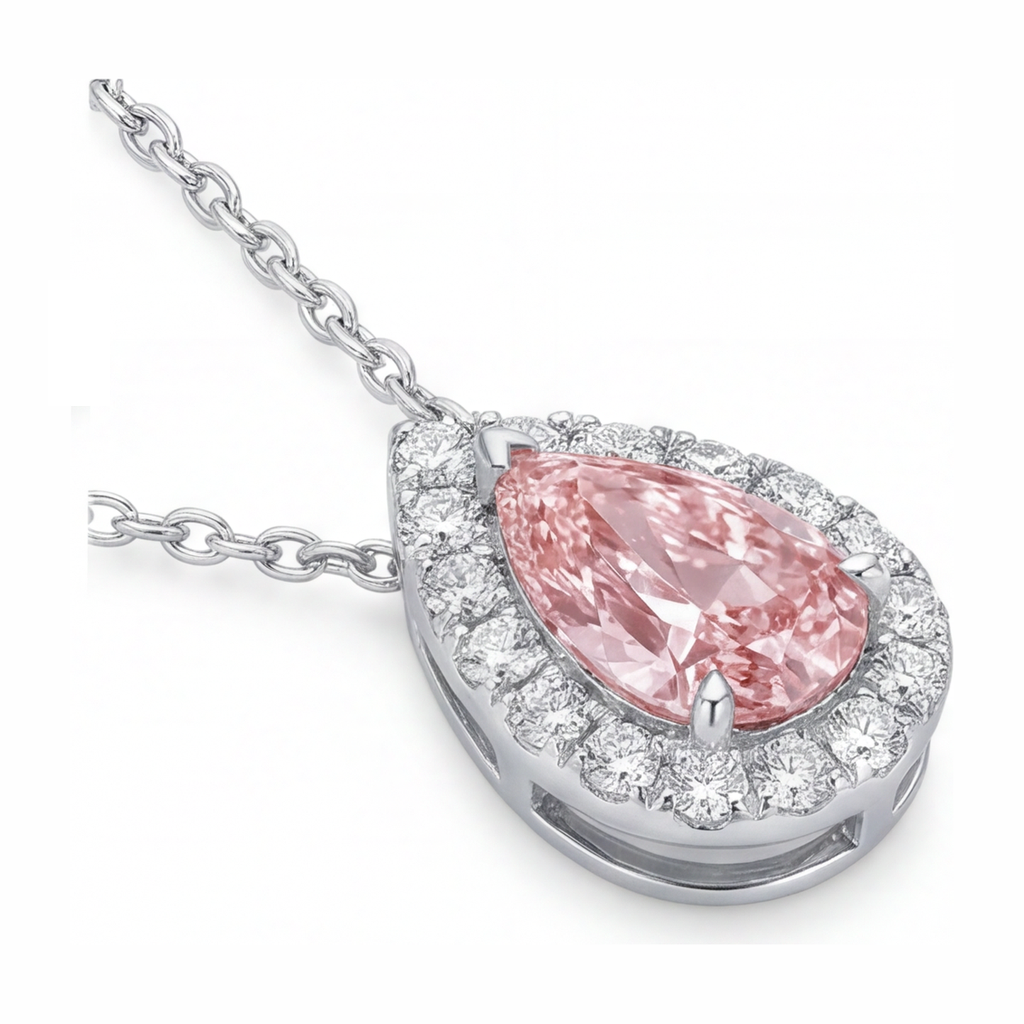Halskette mit rosa Diamant 2 Karat im Labor gezüchtet Tropfen-Halo-Anhänger 14 Karat Weißgold