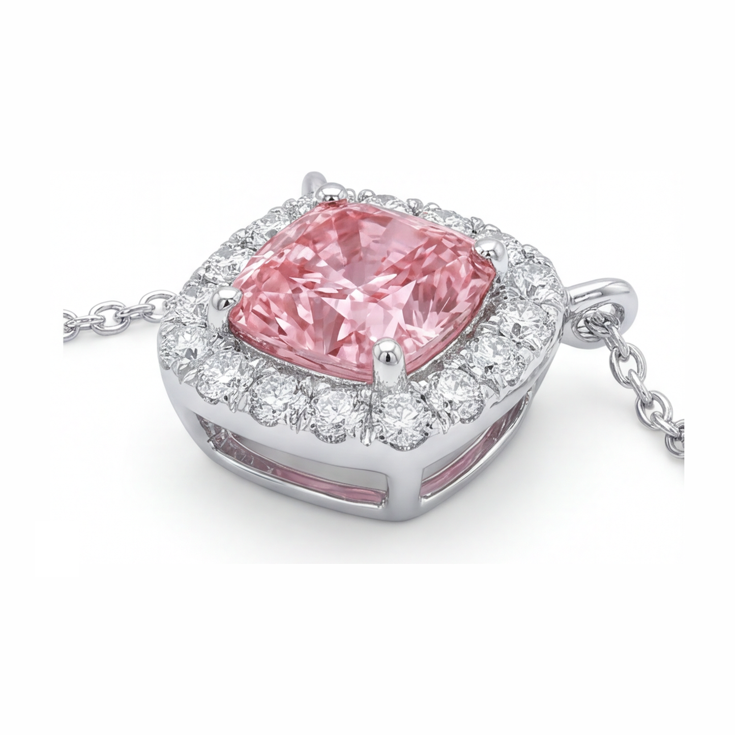 Halskette mit rosa Diamant 3,75 Karat im Labor gezüchtet Kissen-Halo-Anhänger 14 Karat Weißgold