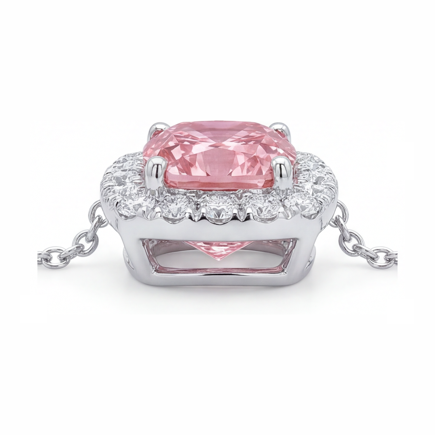 Halskette mit rosa Diamant 3,75 Karat im Labor gezüchtet Kissen-Halo-Anhänger 14 Karat Weißgold