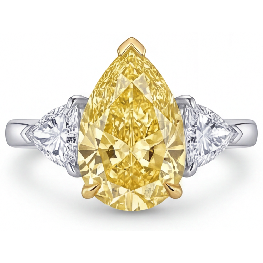 Drei-Stein-Ring Zweifarbiges 14K Gold mit Kanariengelber Diamant – Frontansicht