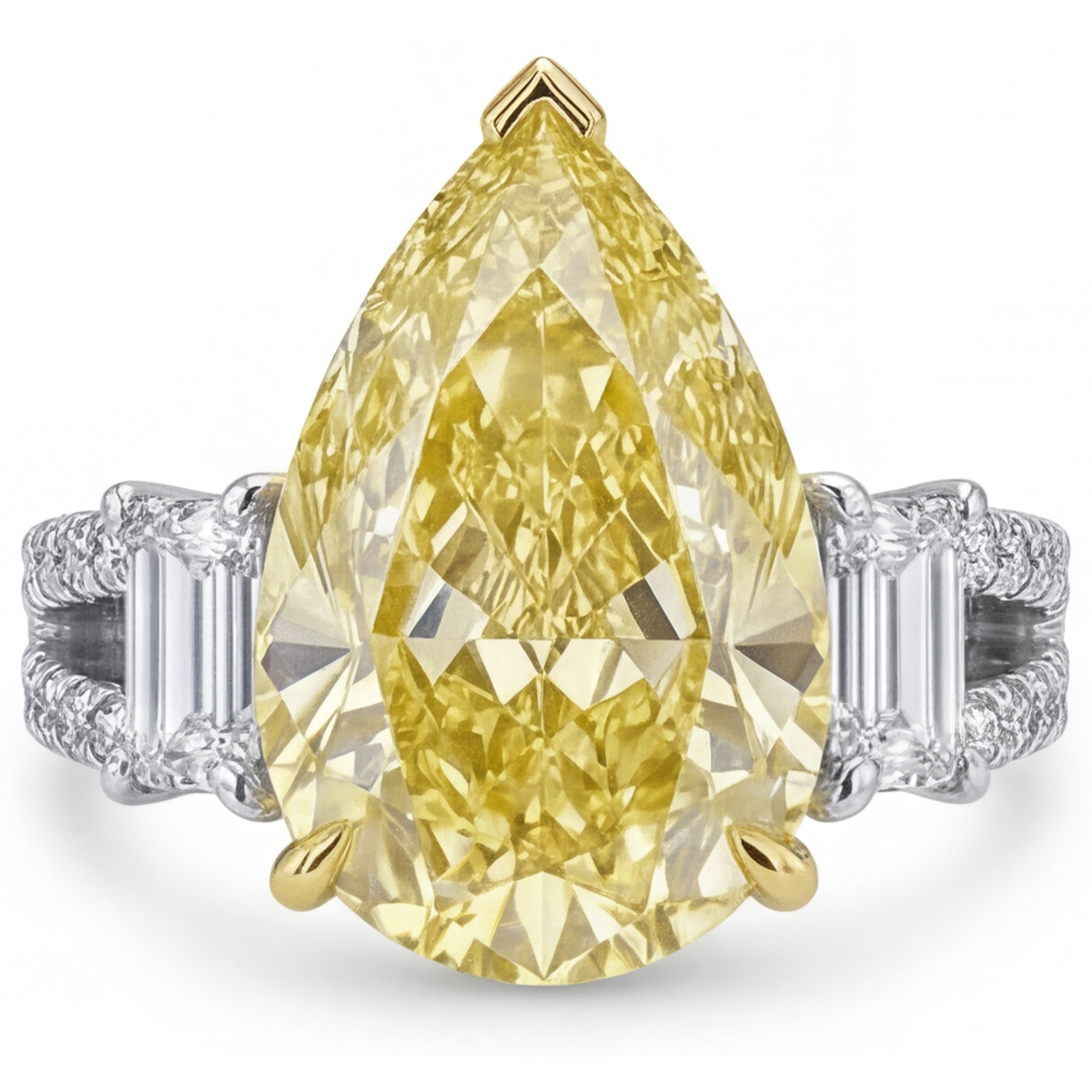 Dreisteinring Bicolor 14K Gold mit Kanariengelber Diamant – Frontansicht