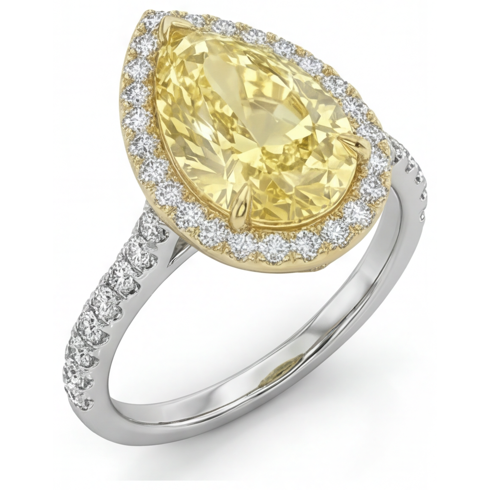 Tropfen-Schliff Kanariengelber Diamant Ring in 14 Karat Zweifarbig Gold – Frontansicht