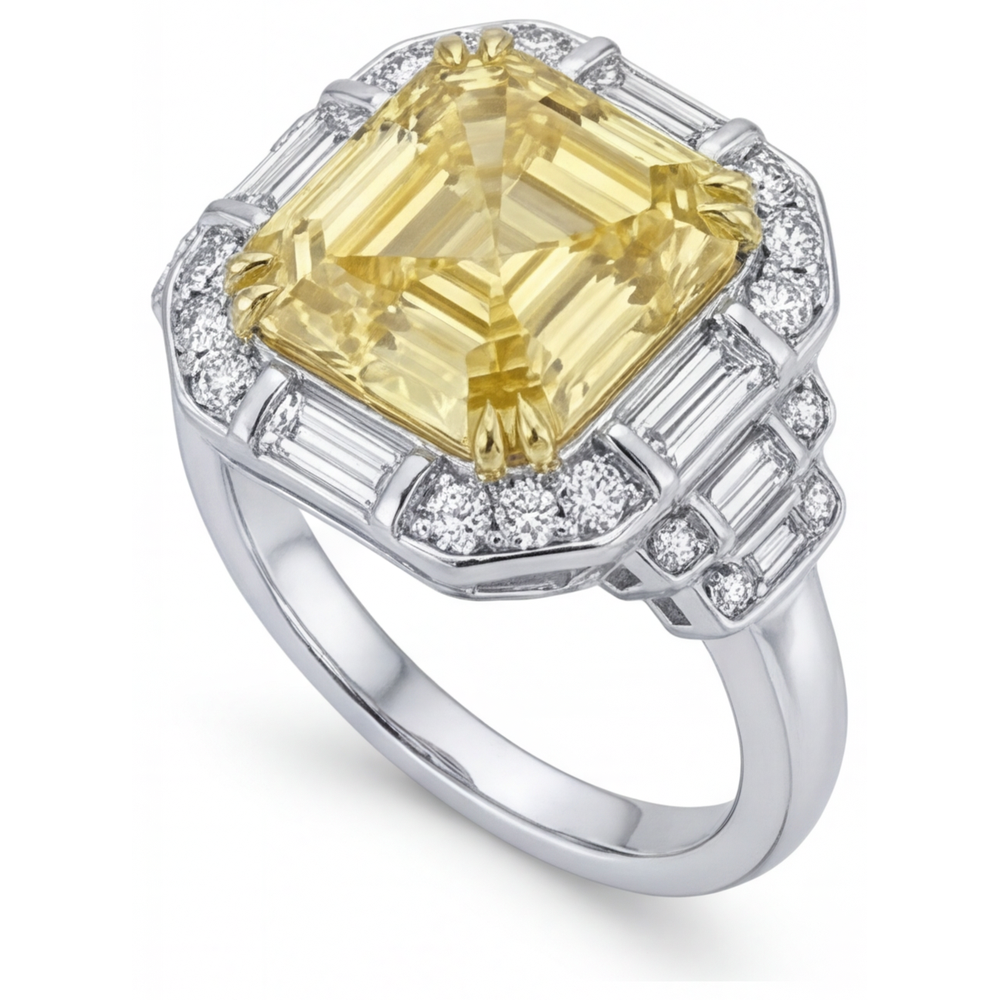 Natürlicher Kanariengelber Diamant Halo-Verlobungsring 3,0 Karat Zweifarbiges 14K Gold – Seitenansicht