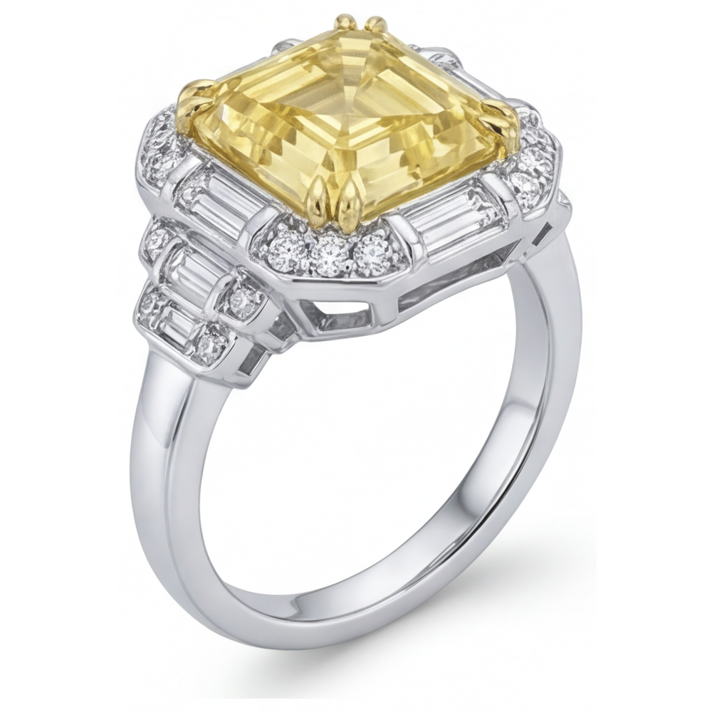 Kanariengelber Diamant Asscher-Schliff Halo-Verlobungsring in Zweifarbiges 14K Gold – Schrägansicht