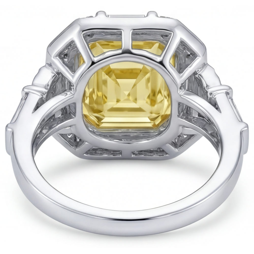 Kanariengelber Diamant Asscher-Schliff Halo-Verlobungsring in Zweifarbiges 14K Gold – Draufsicht