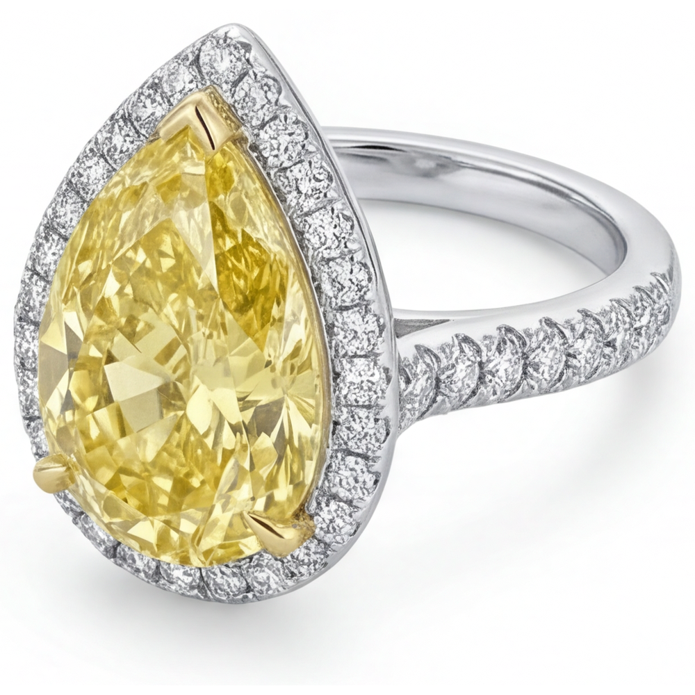 Tropfen-Schliff Kanariengelber Diamant Ring in Zweifarbiges 14K Gold – Schrägansicht