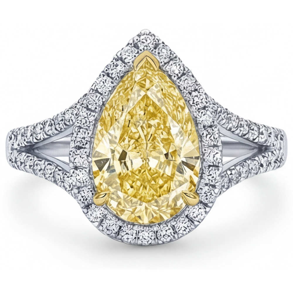 Birnen-Schliff Kanariengelber Diamant Ring in 14 Karat Zweifarbig Gold – Frontansicht