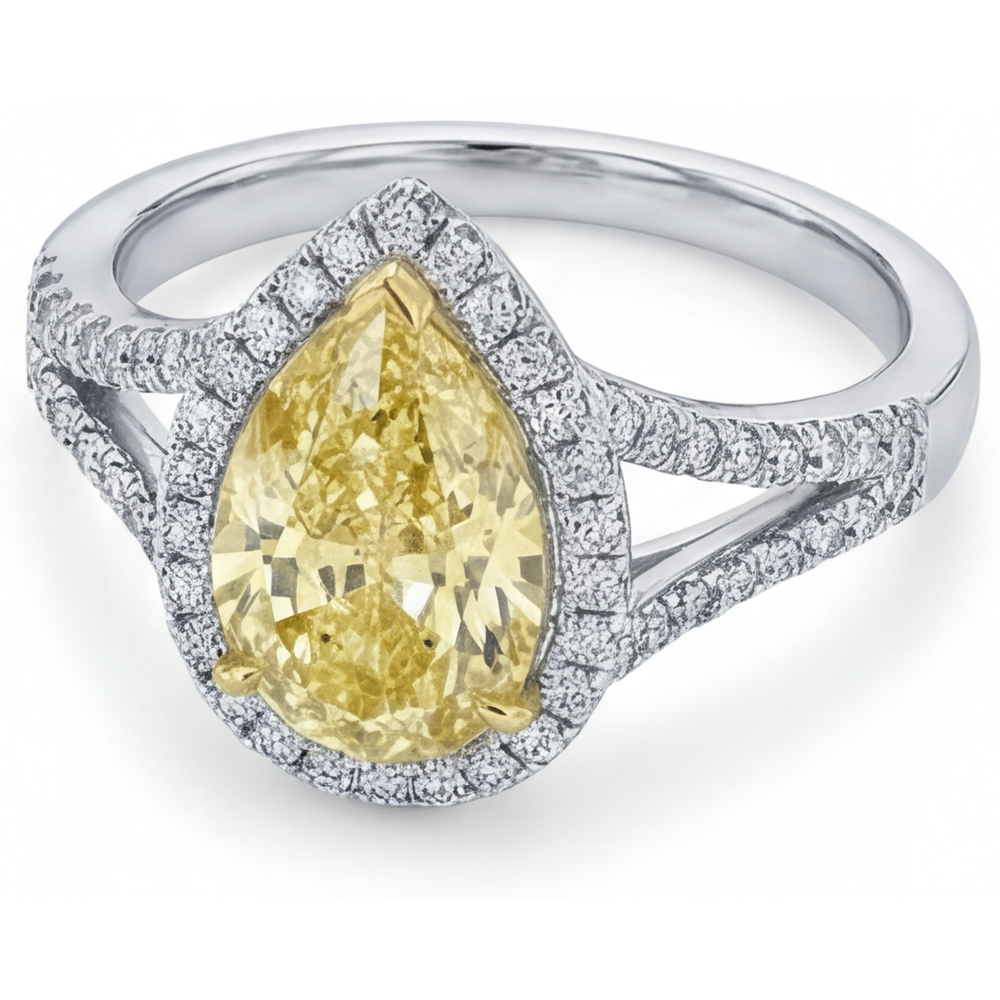 Birnen-Schliff Kanariengelber Diamant Ring in 14 Karat Zweifarbig Gold – Draufsicht