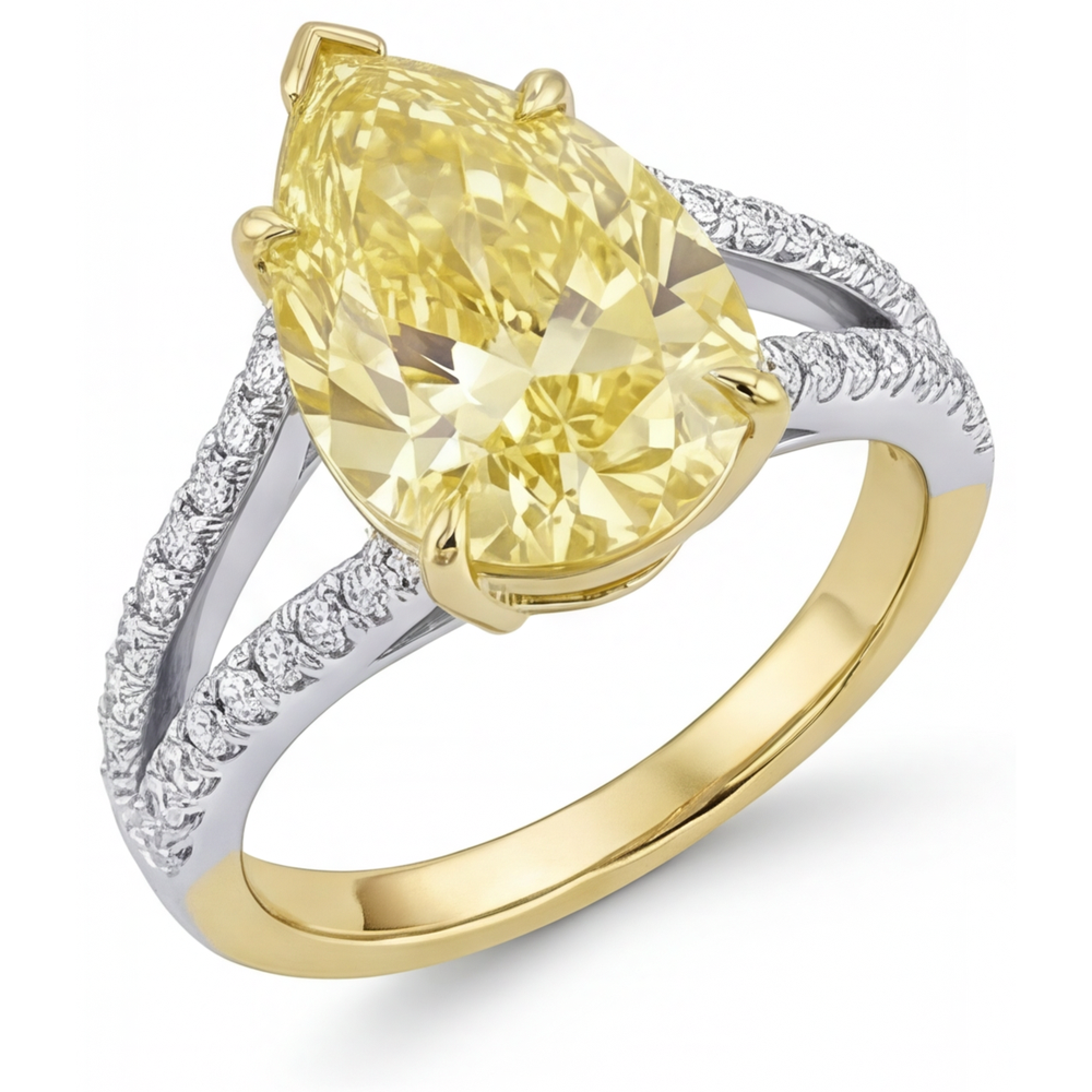 Tropfen-Schliff Kanariengelber Diamant Ring in 14 Karat Zweifarbig Gold – Schrägansicht