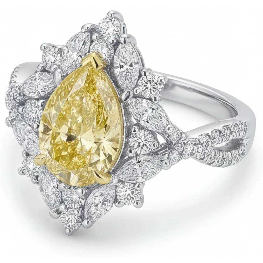Tropfen-Schliff Kanariengelber Diamant Ring in Bicolor 14K Gold – Seitenansicht