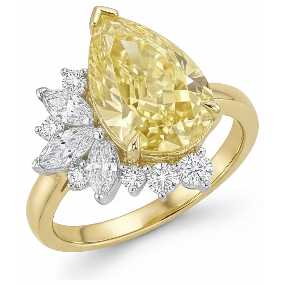 Tropfen-Schliff Kanariengelber Diamant Ring in Bicolor 14K Gold – Schrägansicht