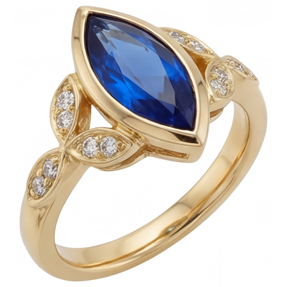 Marquise-Schliff Kornblumenblauer Saphir Ring in 14K Gelbgold – Hauptansicht