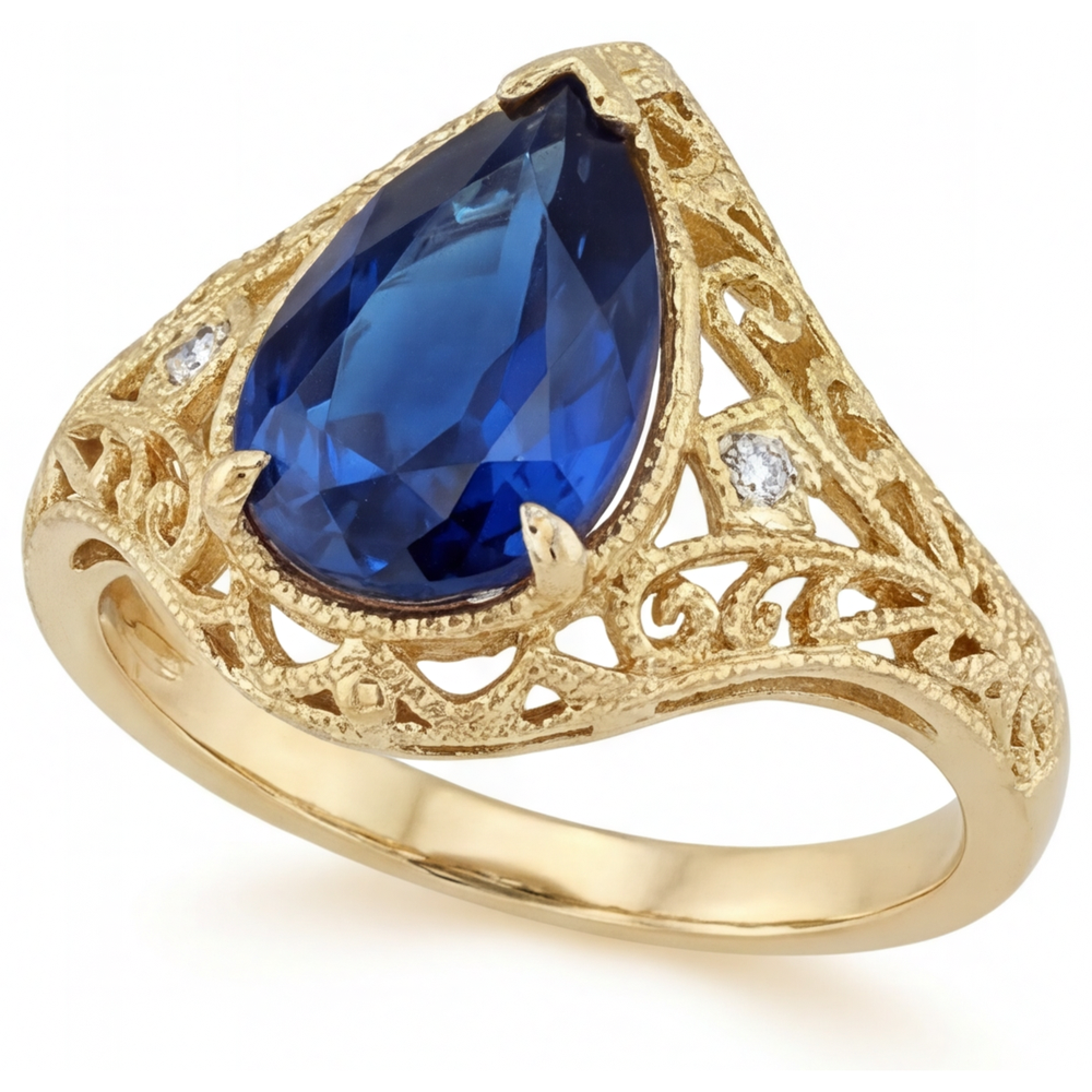 Kornblumenblauer Saphir Birnen-Schliff Schmuckstein-Ring in 14K Gelbgold – Frontansicht